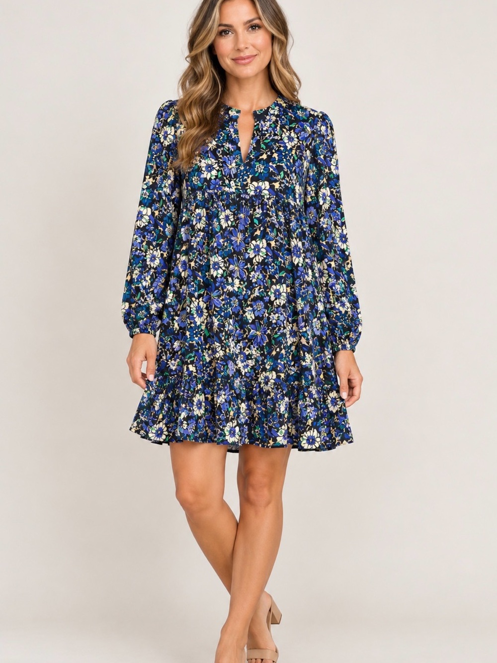 Jessica Howard Blue Floral Long-Sleeve Tiered Mini Dress